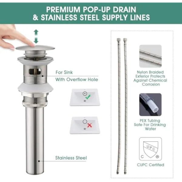 Bathroom Faucets for Sink 3 Hole, 2 Handle Widespread Bathroom Sink Faucet with Pop-Up Drain and Water Supply Lines, Stainless - Image 5