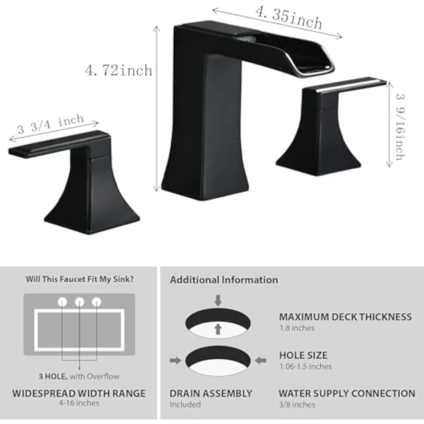 Matte Black Bathroom Sink Faucet 3 Hole - Waterfall Widespread Bathroom Faucet Two Handle with Pop up Drain and Water Supply Ho - Image 2