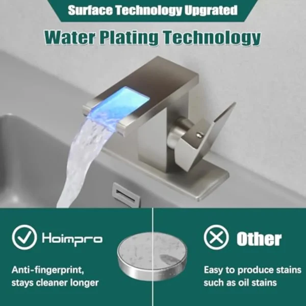 Led Waterfall Bathroom Faucet, 1 Handle 1 Hole Bathroom Sink Faucet, 3 Colors Light Changing Brushed Nickel - Image 3
