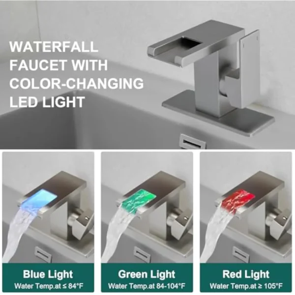 Led Waterfall Bathroom Faucet, 1 Handle 1 Hole Bathroom Sink Faucet, 3 Colors Light Changing Brushed Nickel - Image 2