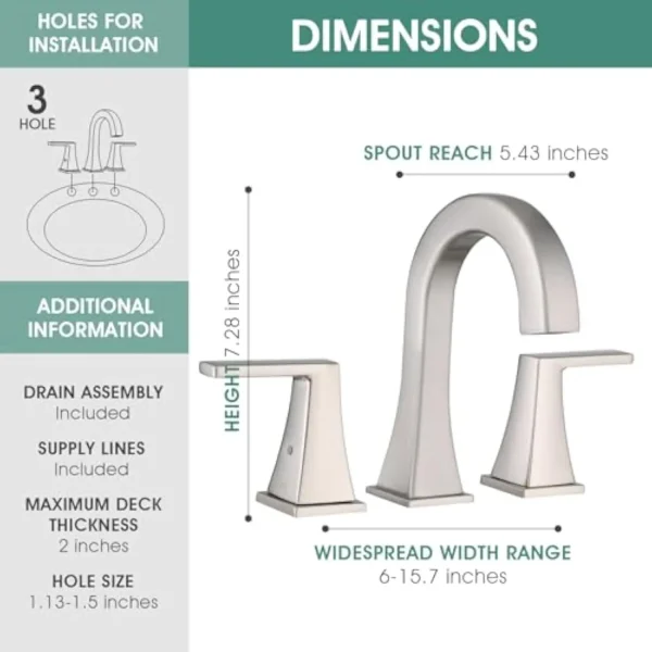 Bathroom Faucets for Sink 3 Hole, 2 Handle Widespread Bathroom Sink Faucet with Pop-Up Drain and Water Supply Lines, Stainless - Image 4