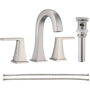 Bathroom Faucets for Sink 3 Hole, 2 Handle Widespread Bathroom Sink Faucet with Pop-Up Drain and Water Supply Lines, Stainless