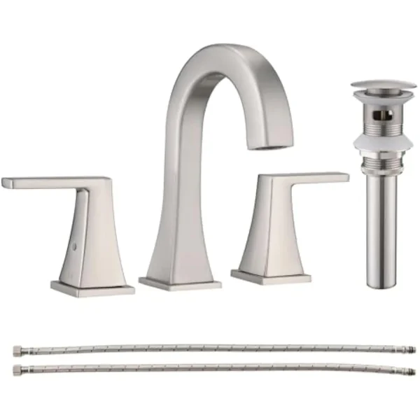 Bathroom Faucets for Sink 3 Hole, 2 Handle Widespread Bathroom Sink Faucet with Pop-Up Drain and Water Supply Lines, Stainless