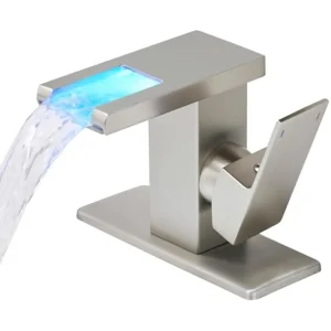 Led Waterfall Bathroom Faucet, 1 Handle 1 Hole Bathroom Sink Faucet, 3 Colors Light Changing Brushed Nickel