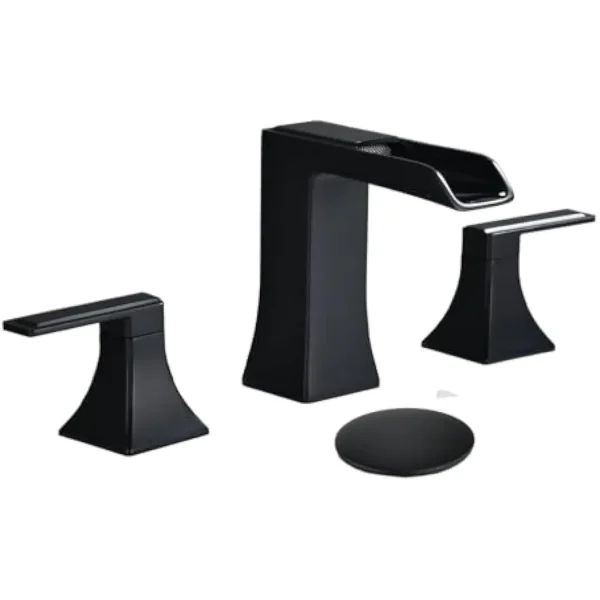 Matte Black Bathroom Sink Faucet 3 Hole - Waterfall Widespread Bathroom Faucet Two Handle with Pop up Drain and Water Supply Ho